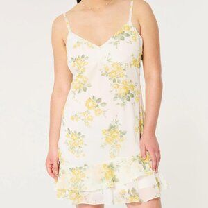 Hollister Ruffle Chiffon Mini Dress, Size S - White & Yellow Floral